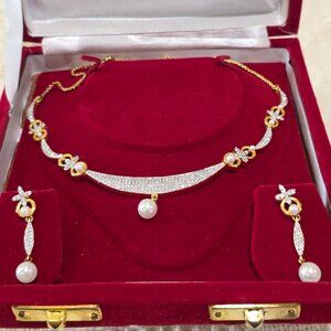 Delicate Indian Design Faux Pearl Rhinestone Gold Wedding Necklace Earrings Set